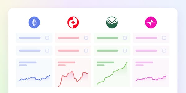 Cryptocurrency portfolio dashboard showing four digital assets - Ethreum, Optimism, G with circular logos, progress bars, and performance charts in blue, red, green, and purple color schemes